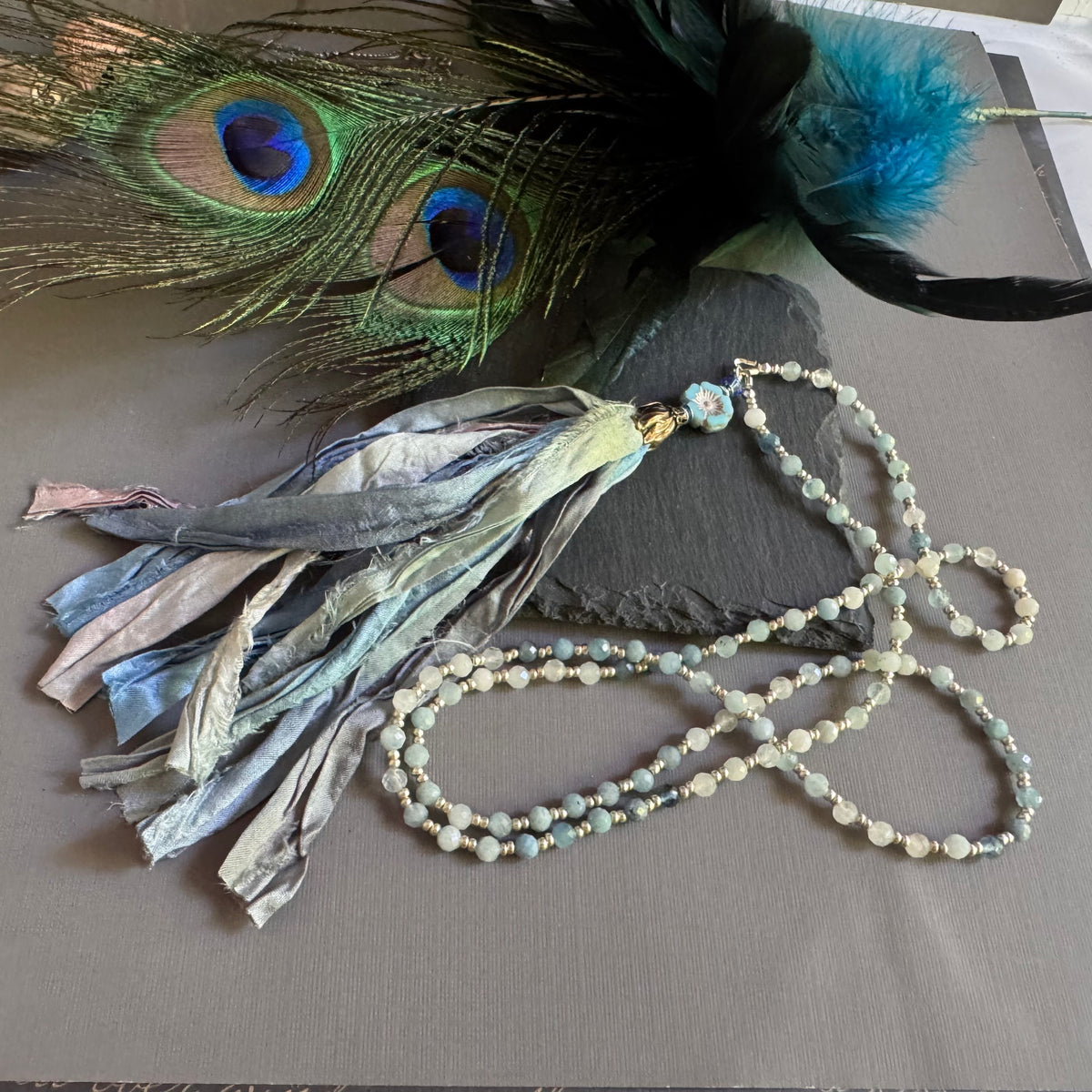 Aquamarine and Blue Silk Sari Ribbon Tassel Necklace in Sterling Silver