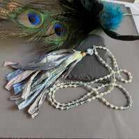 Aquamarine and Blue Silk Sari Ribbon Tassel Necklace in Sterling Silver