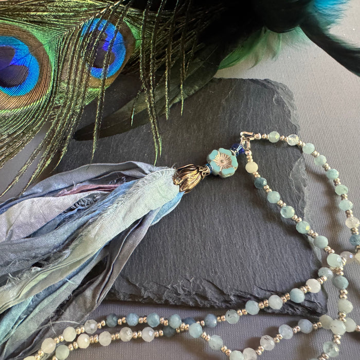 Aquamarine and Blue Silk Sari Ribbon Tassel Necklace in Sterling Silver