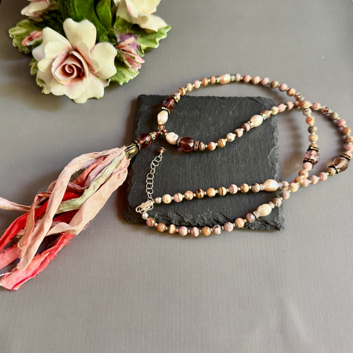Rhodochrosite and Czech Glass with Pastel Sari Silk Ribbon Tassel Necklace in Sterling Silver