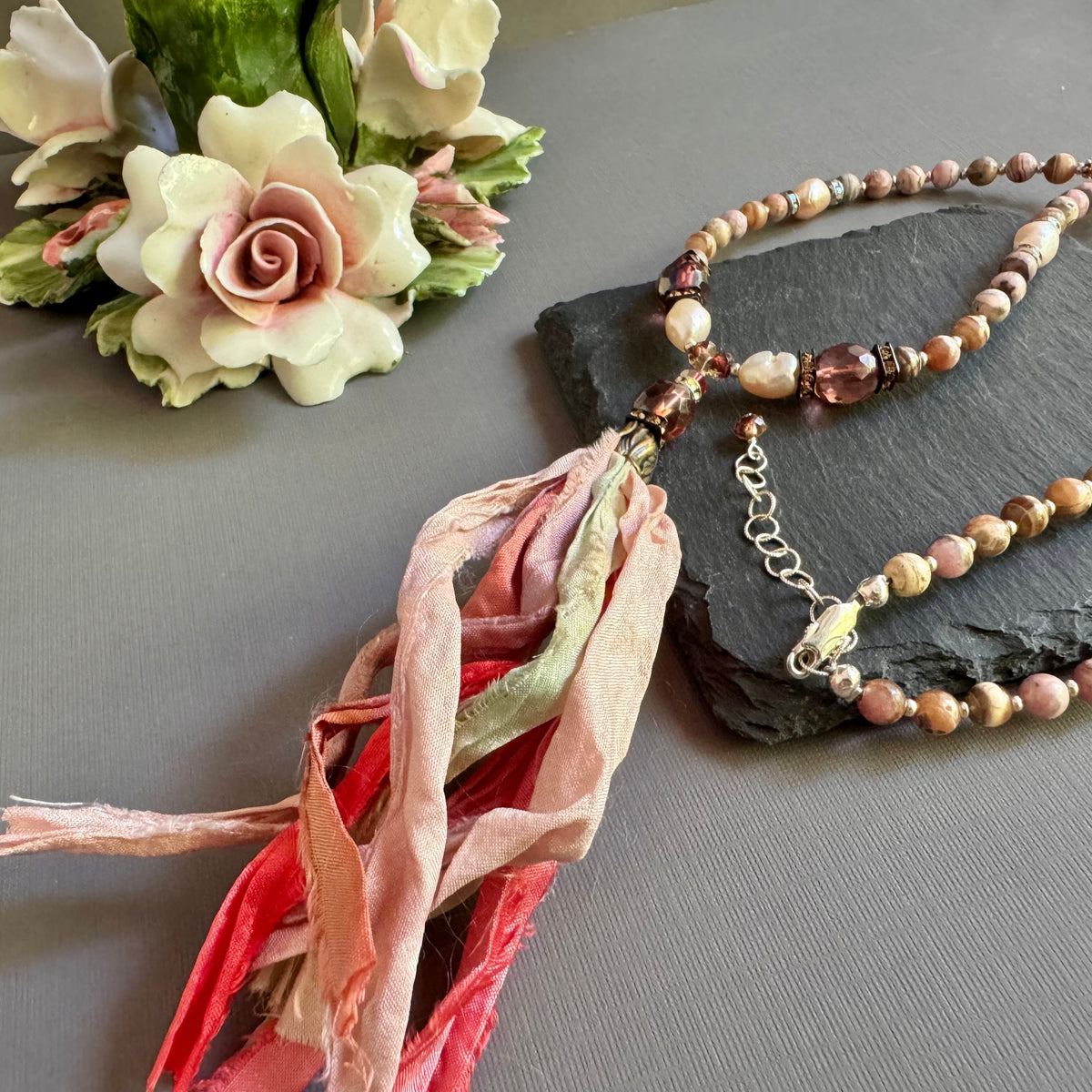 Rhodochrosite and Czech Glass with Pastel Sari Silk Ribbon Tassel Necklace in Sterling Silver