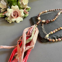 Rhodochrosite and Czech Glass with Pastel Sari Silk Ribbon Tassel Necklace in Sterling Silver