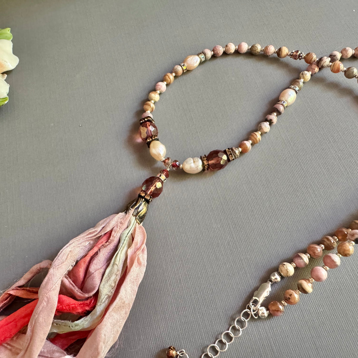 Rhodochrosite and Czech Glass with Pastel Sari Silk Ribbon Tassel Necklace in Sterling Silver