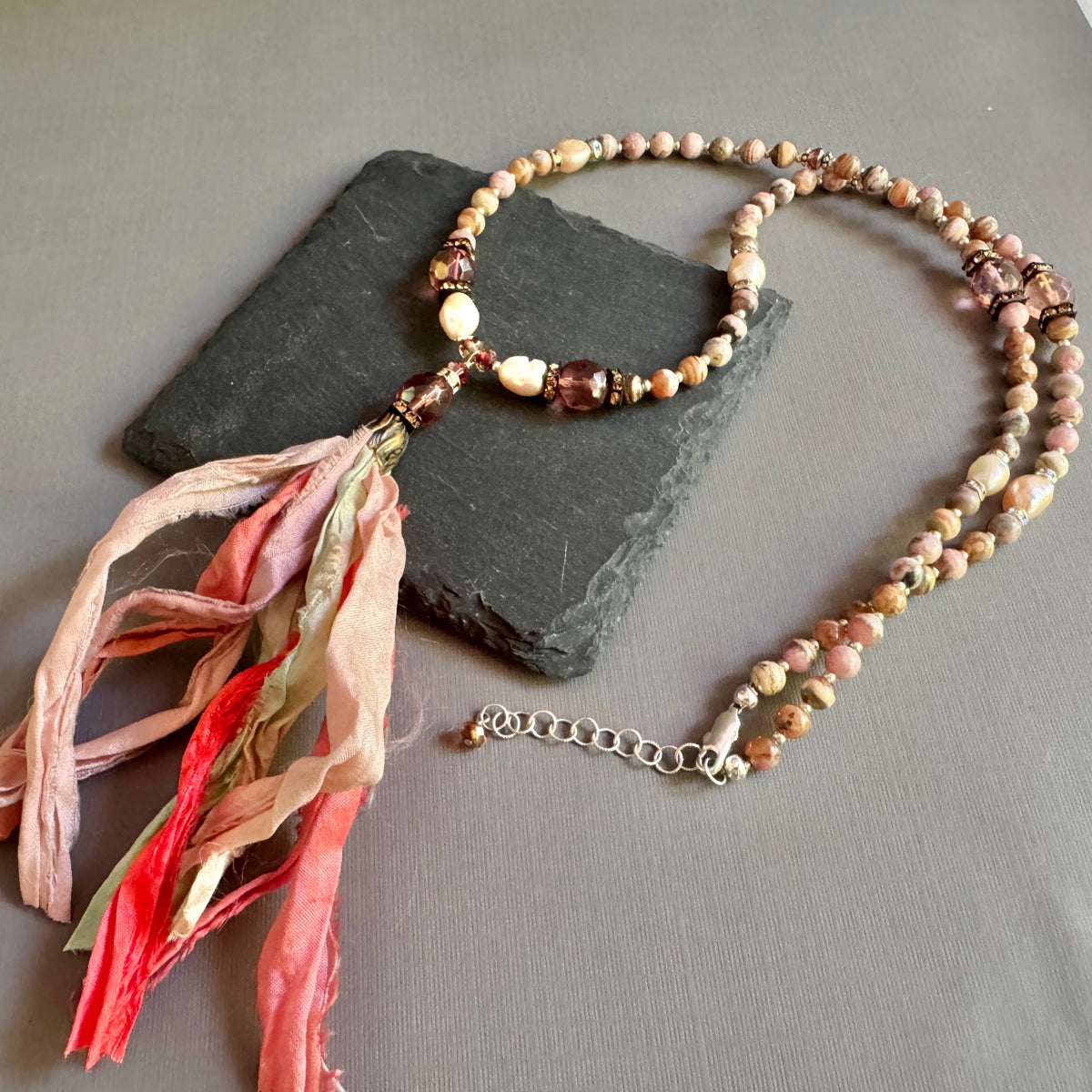 Rhodochrosite and Czech Glass with Pastel Sari Silk Ribbon Tassel Necklace in Sterling Silver