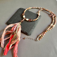 Rhodochrosite and Czech Glass with Pastel Sari Silk Ribbon Tassel Necklace in Sterling Silver