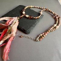 Rhodochrosite and Czech Glass with Pastel Sari Silk Ribbon Tassel Necklace in Sterling Silver