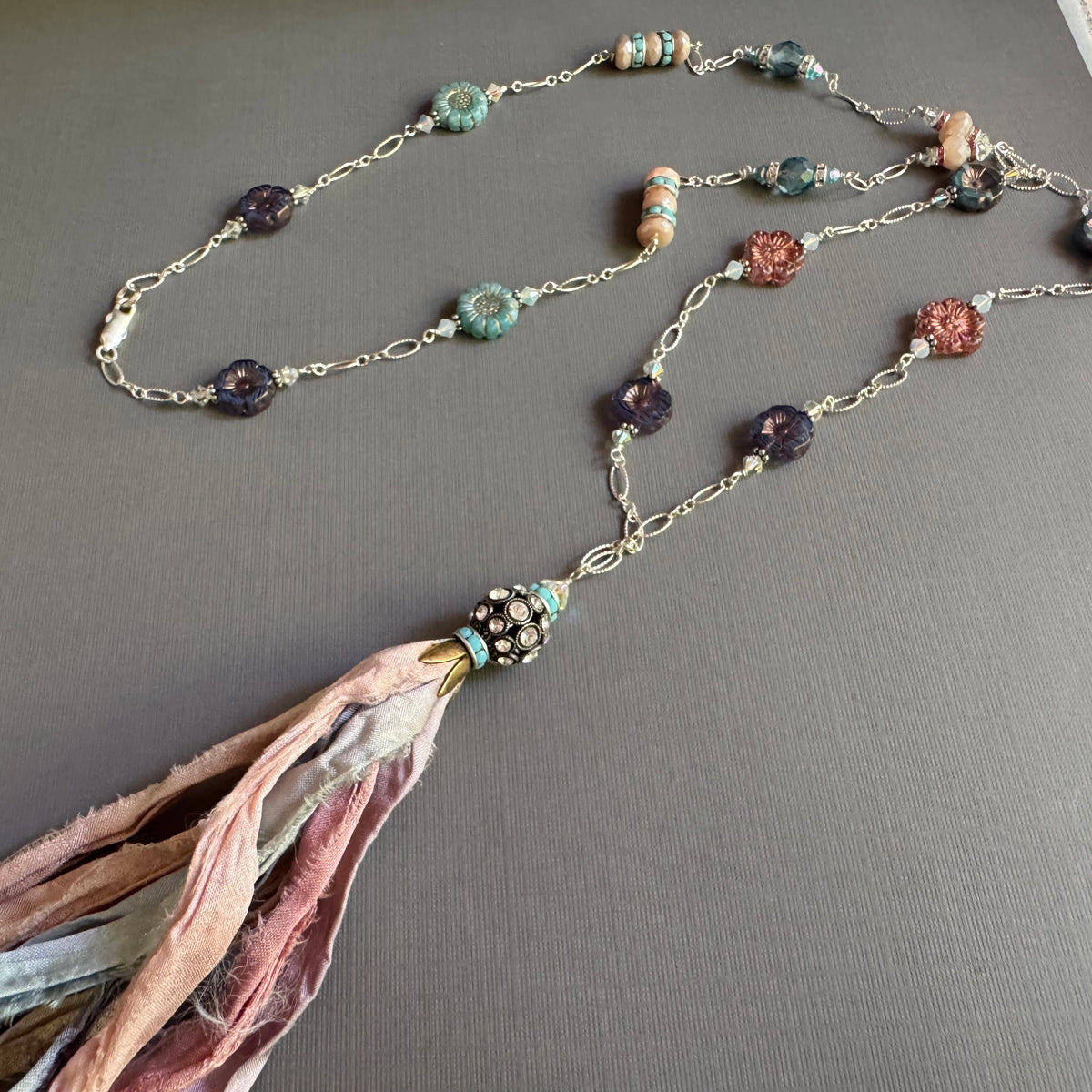 Peach and Light Blue Silk Sari Ribbon Tassel Necklace in Sterling Silver