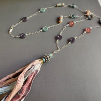 Peach and Light Blue Silk Sari Ribbon Tassel Necklace in Sterling Silver