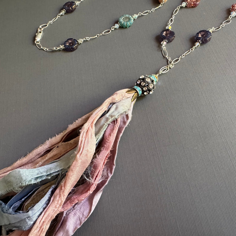 Peach and Light Blue Silk Sari Ribbon Tassel Necklace in Sterling Silver