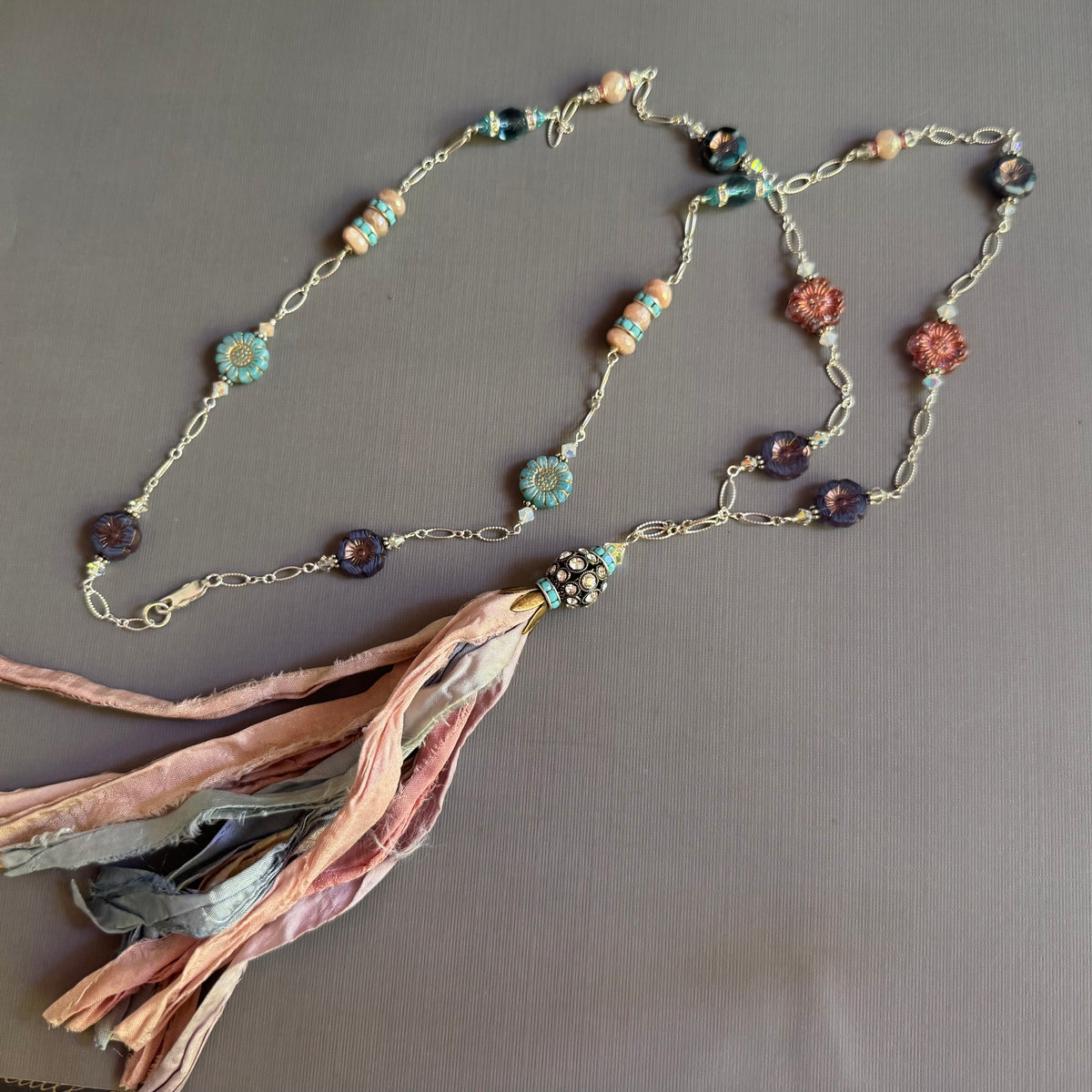Peach and Light Blue Silk Sari Ribbon Tassel Necklace in Sterling Silver