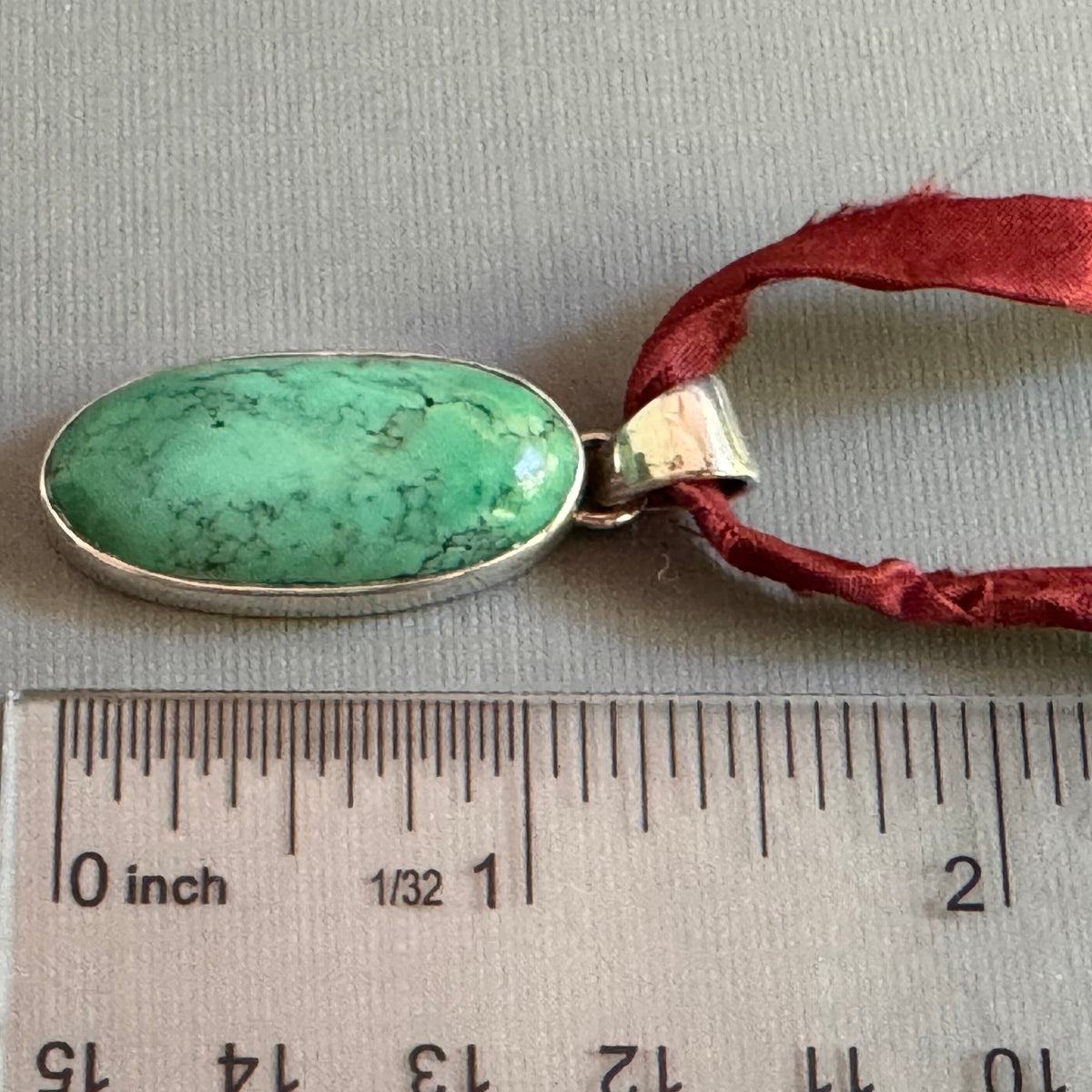 Oval Turquoise Pendant on Copper Sari Silk Ribbon in Sterling Silver