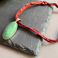 Oval Turquoise Pendant on Copper Sari Silk Ribbon in Sterling Silver