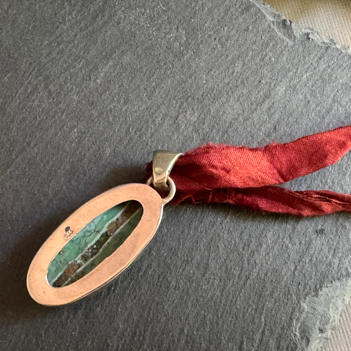 Oval Turquoise Pendant on Copper Sari Silk Ribbon in Sterling Silver