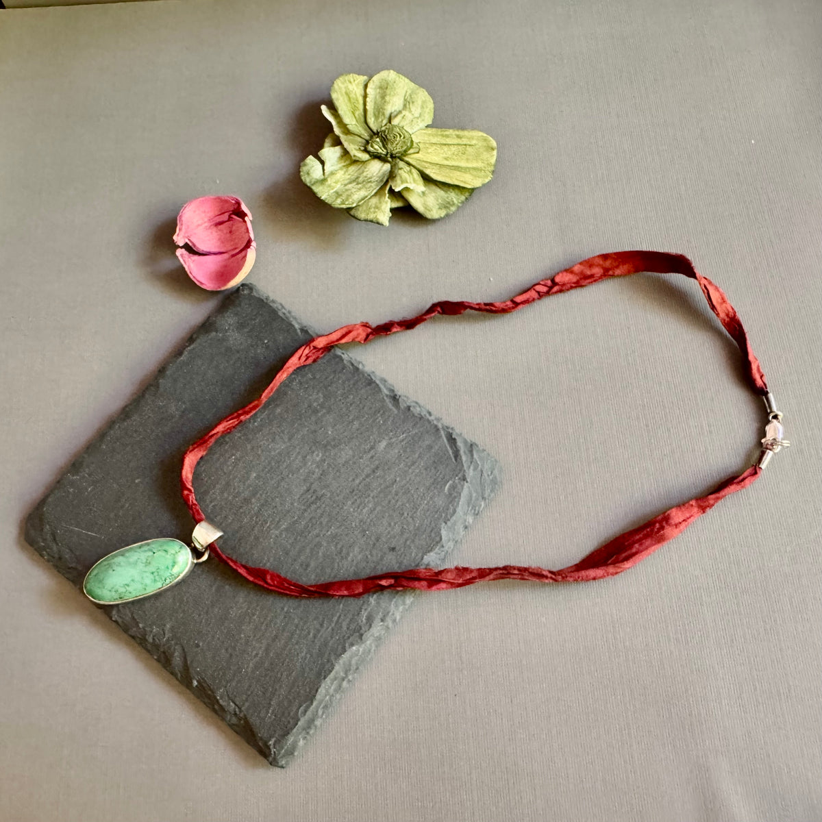 Oval Turquoise Pendant on Copper Sari Silk Ribbon in Sterling Silver