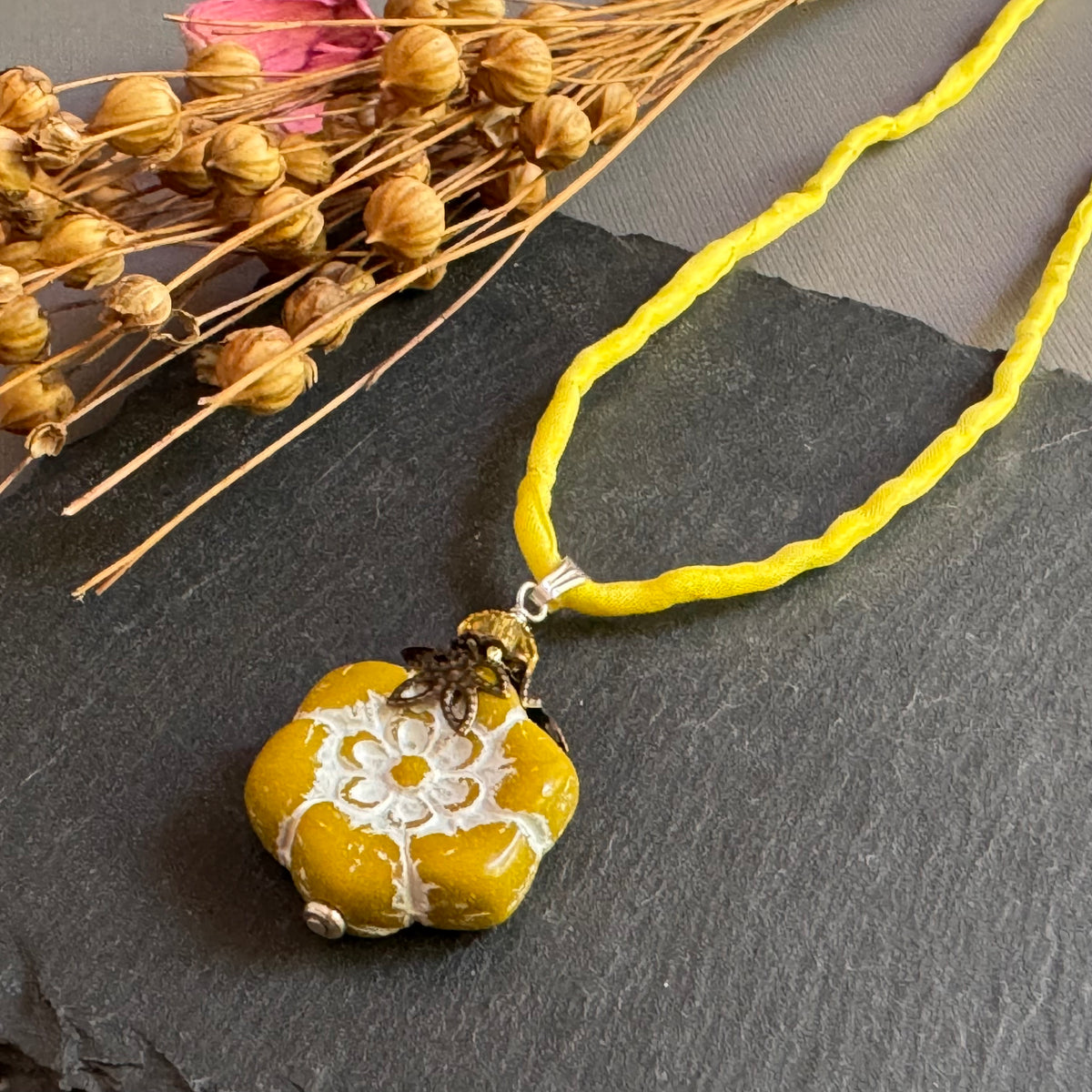 Dark Yellow Flower Pendant Necklace on Silk Cord in Sterling Silver