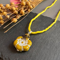 Dark Yellow Flower Pendant Necklace on Silk Cord in Sterling Silver