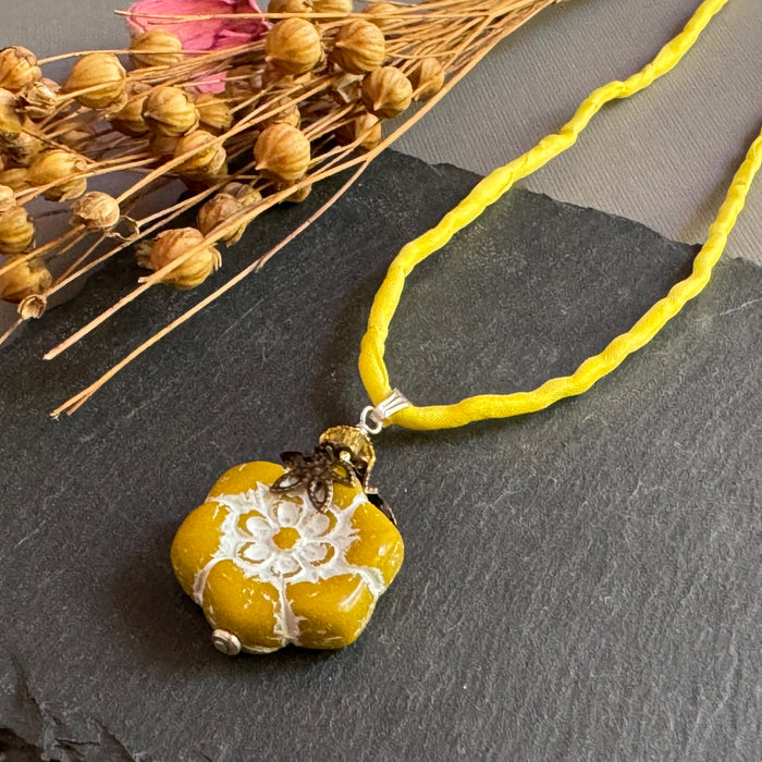 Dark Yellow Flower Pendant Necklace on Silk Cord in Sterling Silver