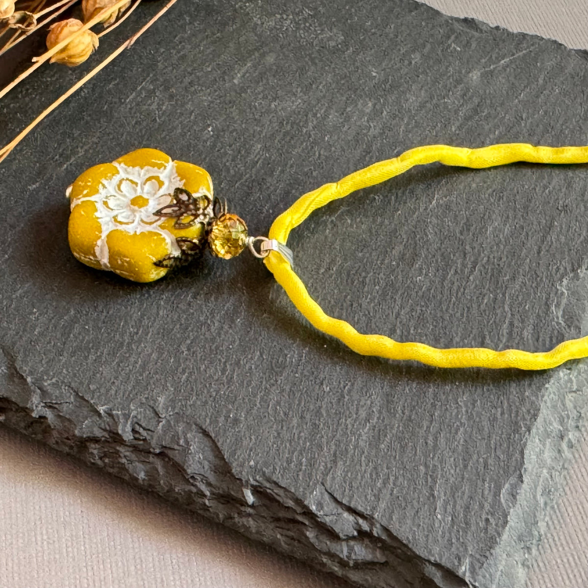 Dark Yellow Flower Pendant Necklace on Silk Cord in Sterling Silver