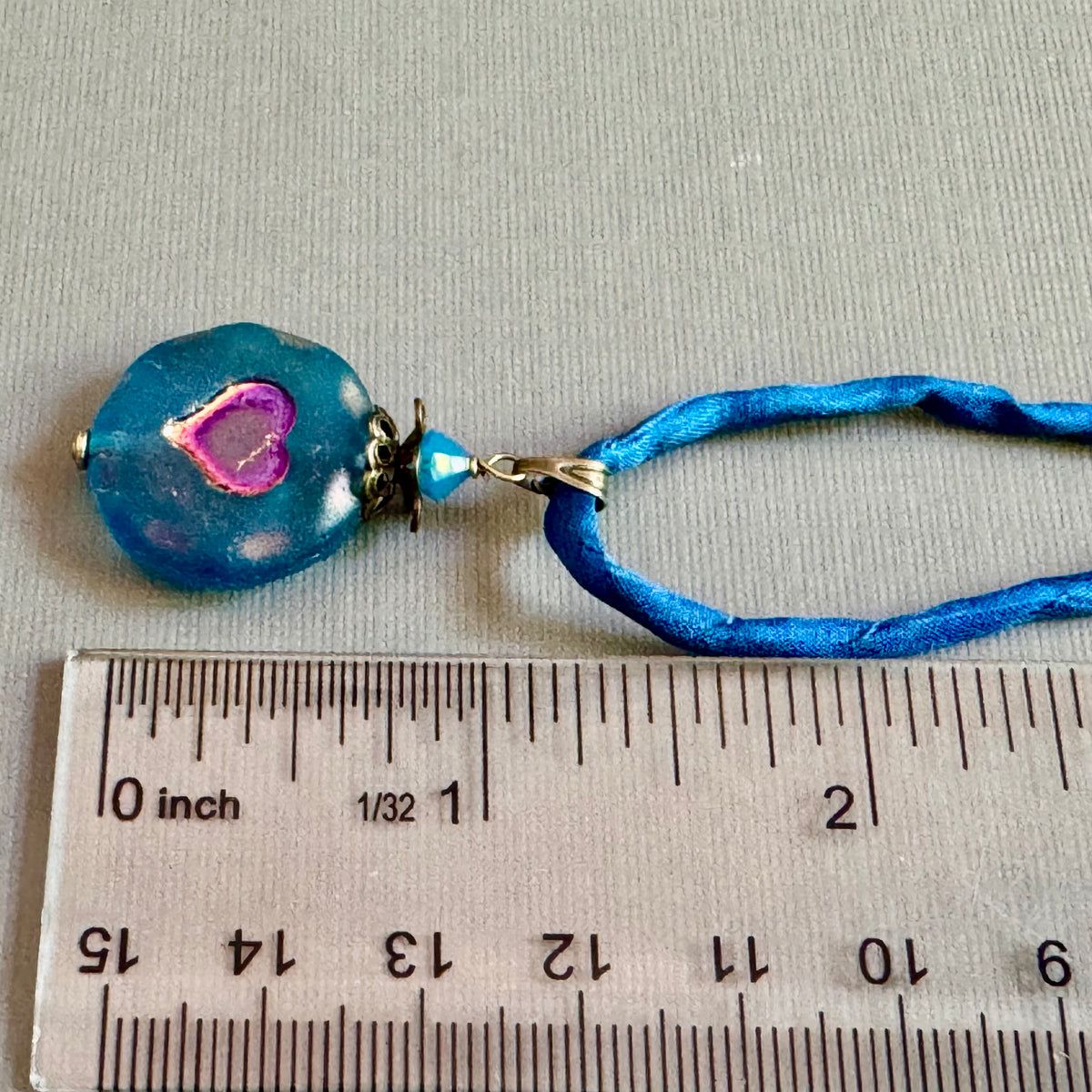 Royal Blue Czech Glass Heart Pendant Necklace on Silk Cord in Antique Brass