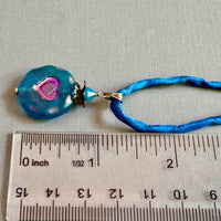 Royal Blue Czech Glass Heart Pendant Necklace on Silk Cord in Antique Brass