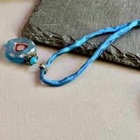 Royal Blue Czech Glass Heart Pendant Necklace on Silk Cord in Antique Brass