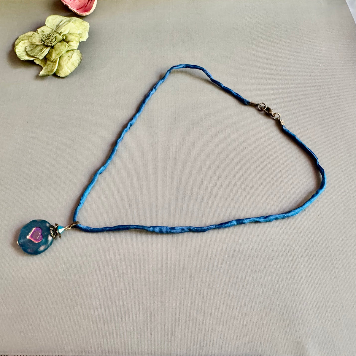 Royal Blue Czech Glass Heart Pendant Necklace on Silk Cord in Antique Brass