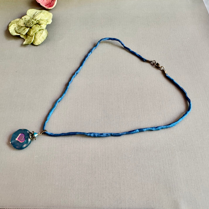 Royal Blue Czech Glass Heart Pendant Necklace on Silk Cord in Antique Brass