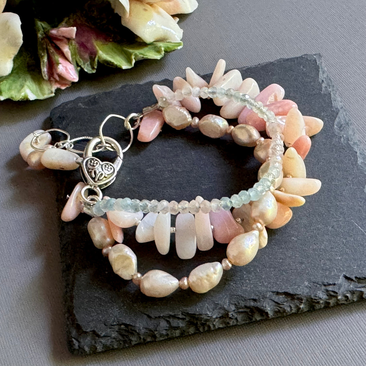 Three-Strand Pink Opal, Morganite and Freshwater Pearl Bracelet in Metal Alloy