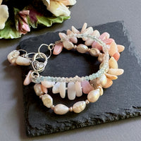 Three-Strand Pink Opal, Morganite and Freshwater Pearl Bracelet in Metal Alloy