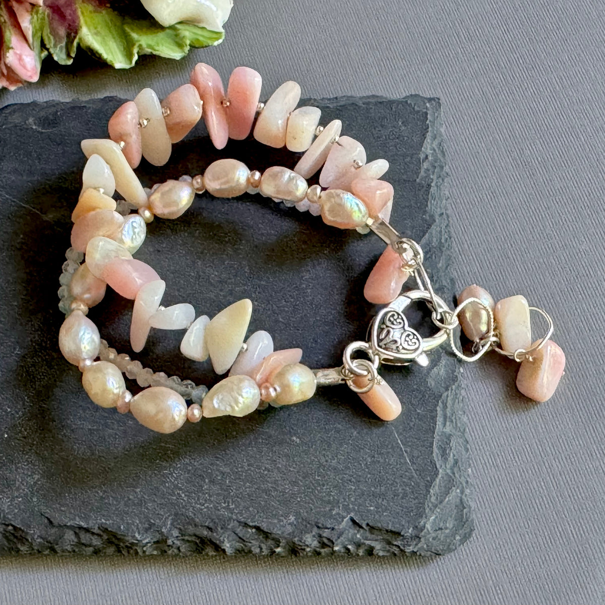 Three-Strand Pink Opal, Morganite and Freshwater Pearl Bracelet in Metal Alloy
