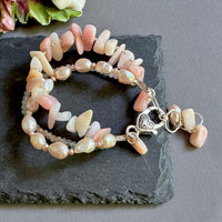 Three-Strand Pink Opal, Morganite and Freshwater Pearl Bracelet in Metal Alloy