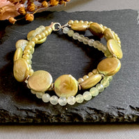 Three-Strand Green Agate and Freshwater Pearl Bracelet in Sterling Silver