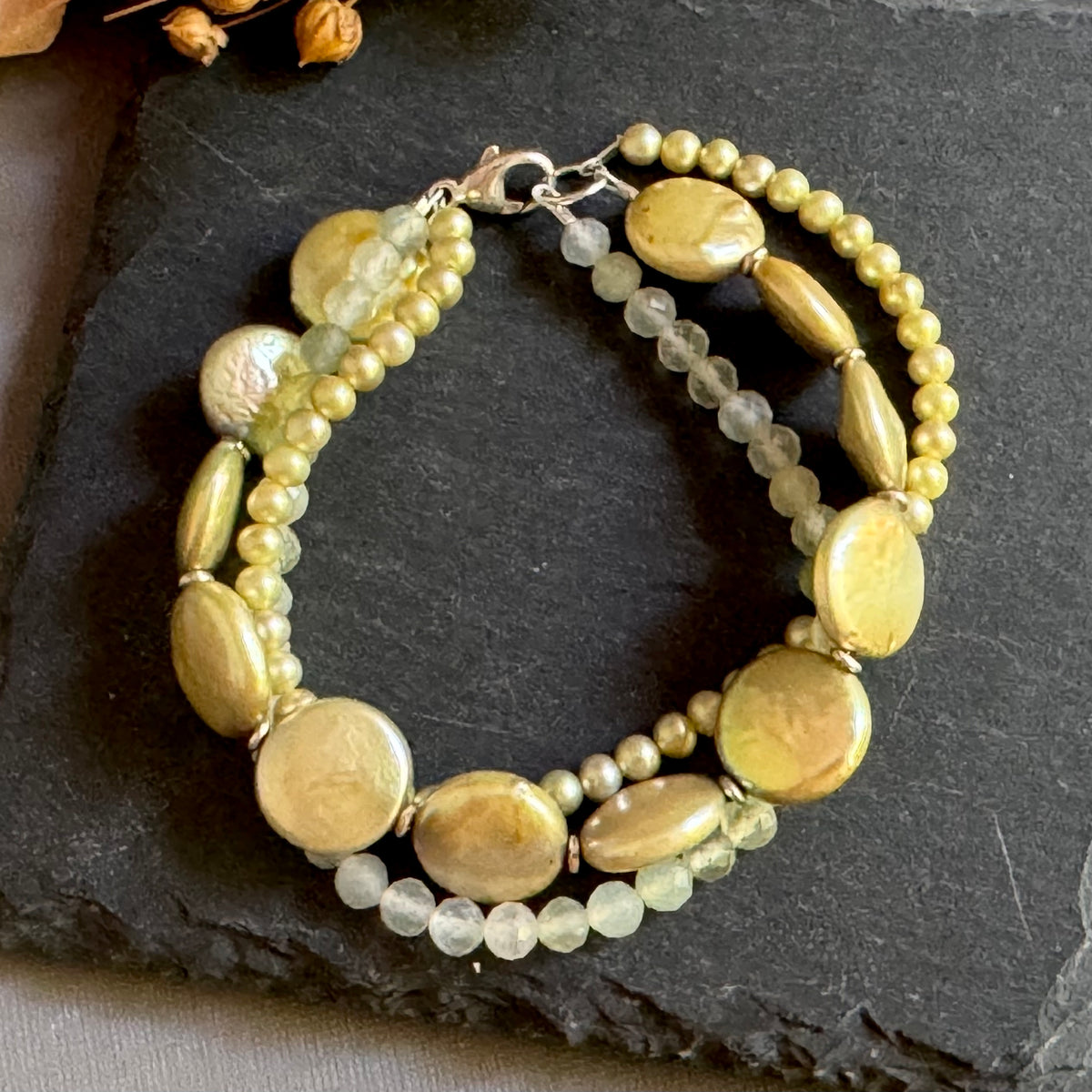 Three-Strand Green Agate and Freshwater Pearl Bracelet in Sterling Silver