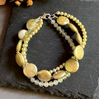 Three-Strand Green Agate and Freshwater Pearl Bracelet in Sterling Silver