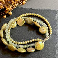 Three-Strand Green Agate and Freshwater Pearl Bracelet in Sterling Silver