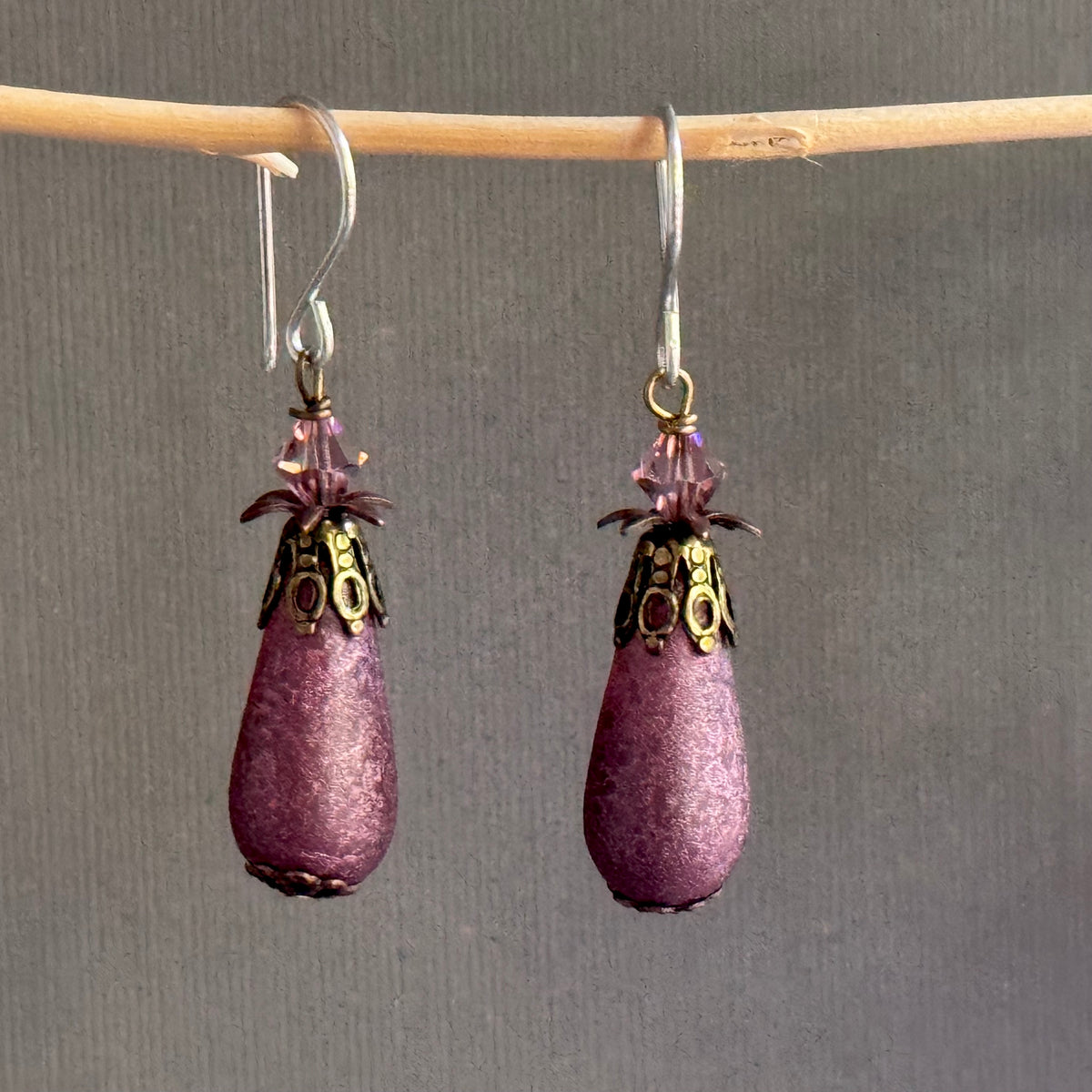 Czech Glass Pink Frosted Matte Dangle Drop Earrings in Sterling Silver