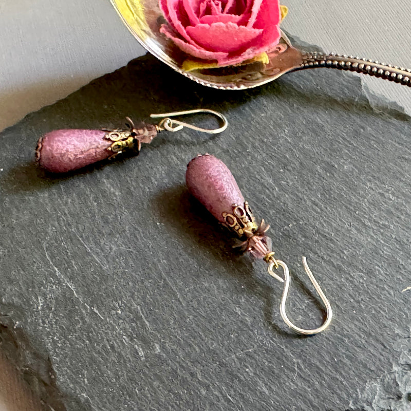Czech Glass Pink Frosted Matte Dangle Drop Earrings in Sterling Silver