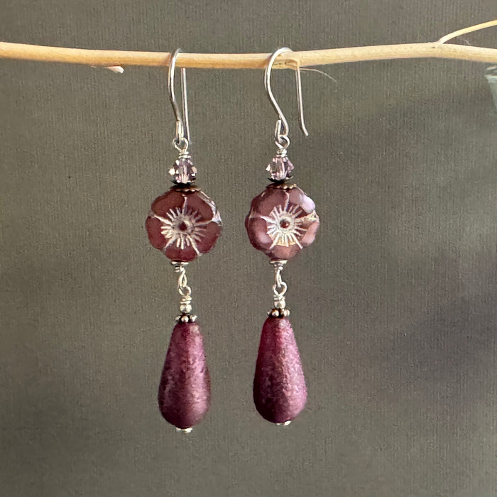 Mauve Czech Glass Flower and Quartz Earrings in Sterling Silver