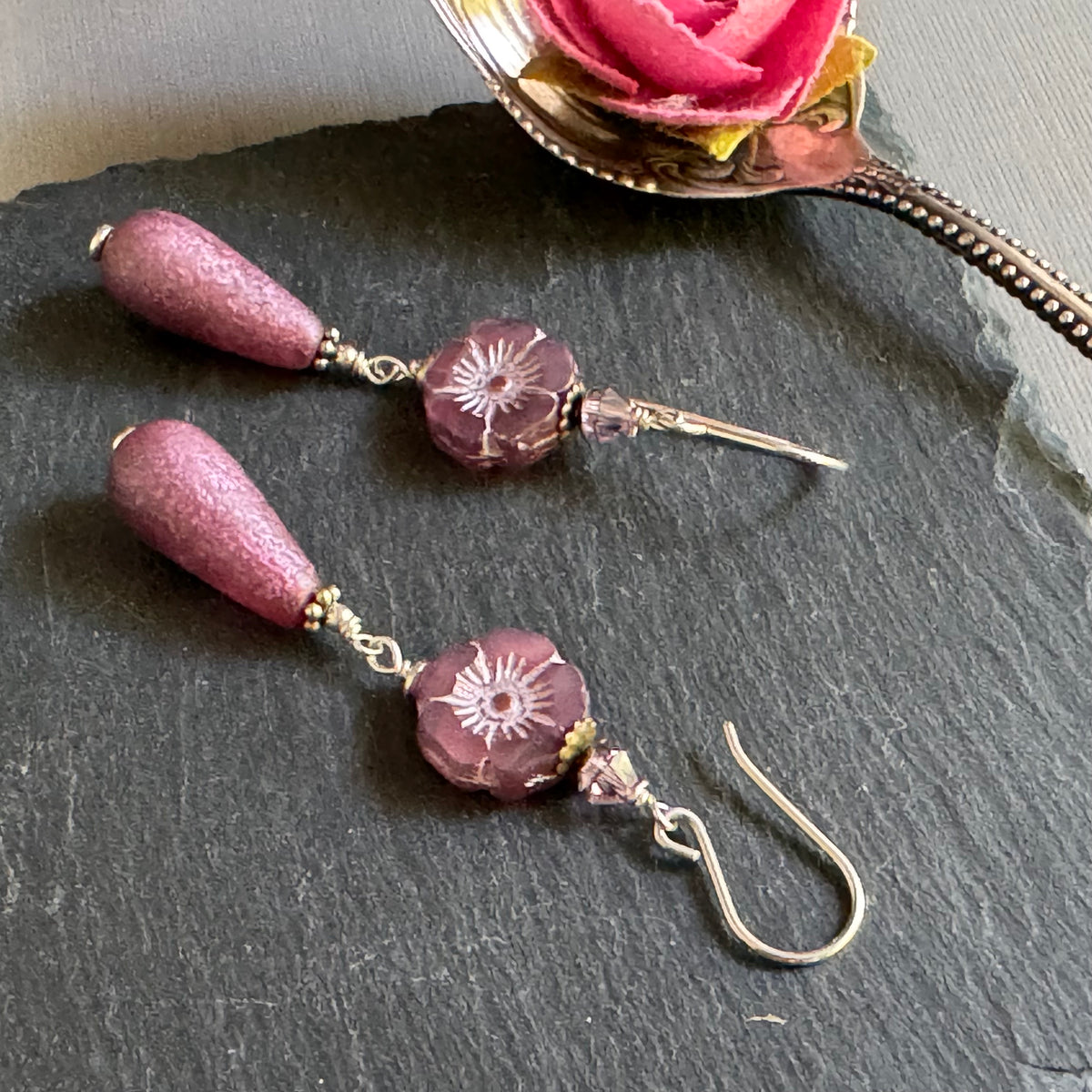 Mauve Czech Glass Flower and Quartz Earrings in Sterling Silver
