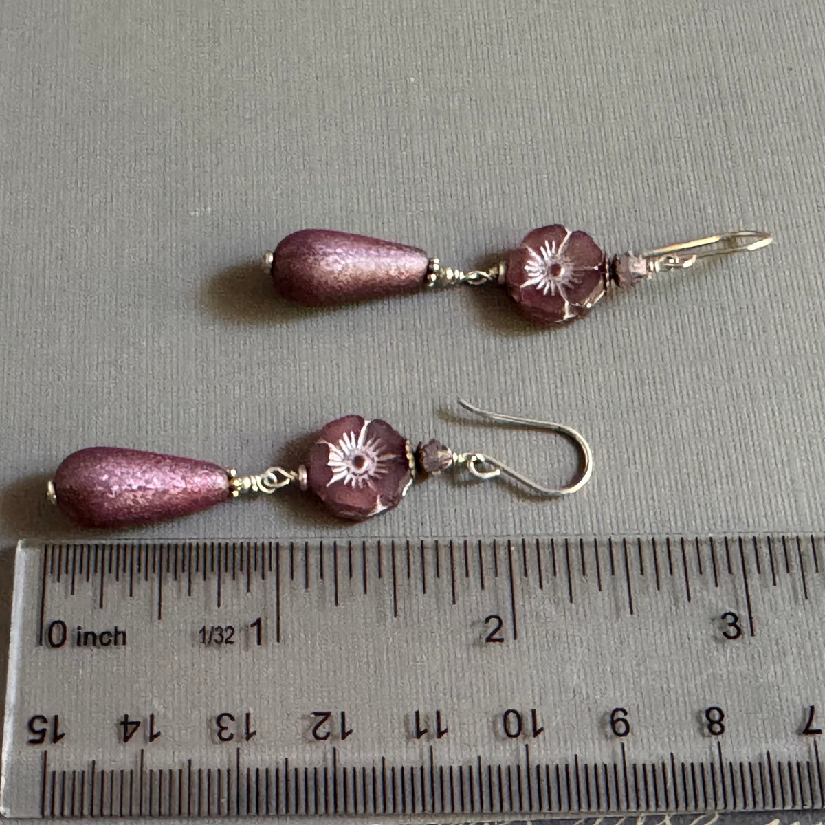 Mauve Czech Glass Flower and Quartz Earrings in Sterling Silver