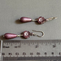 Mauve Czech Glass Flower and Quartz Earrings in Sterling Silver