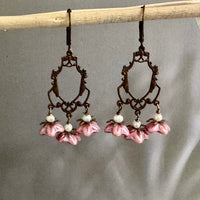 Pink Czech Glass Flower Earrings on Art Deco Brass Filigree Components in Sterling Silver