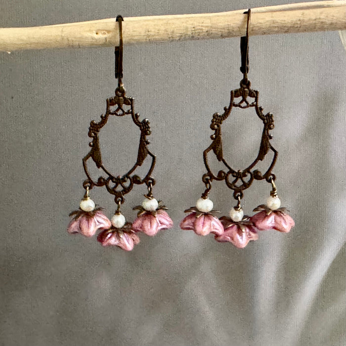 Pink Czech Glass Flower Earrings on Art Deco Brass Filigree Components in Sterling Silver