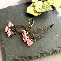 Pink Czech Glass Flower Earrings on Art Deco Brass Filigree Components in Sterling Silver