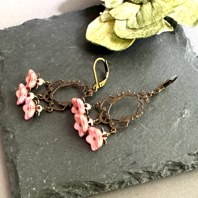 Pink Czech Glass Flower Earrings on Art Deco Brass Filigree Components in Sterling Silver