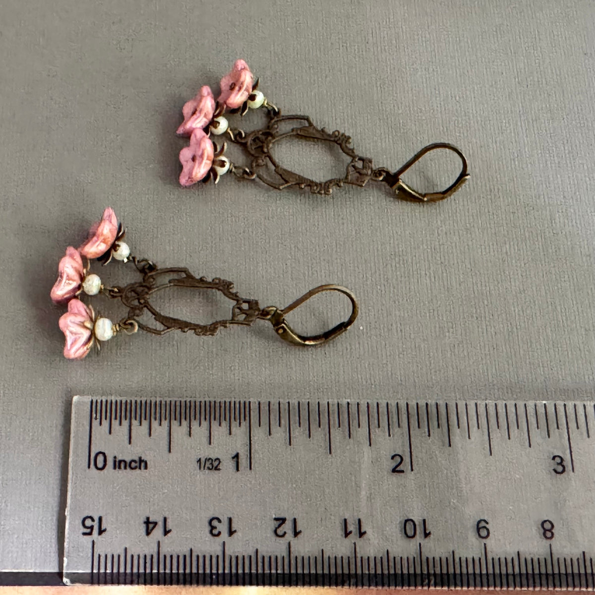 Pink Czech Glass Flower Earrings on Art Deco Brass Filigree Components in Sterling Silver