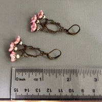 Pink Czech Glass Flower Earrings on Art Deco Brass Filigree Components in Sterling Silver