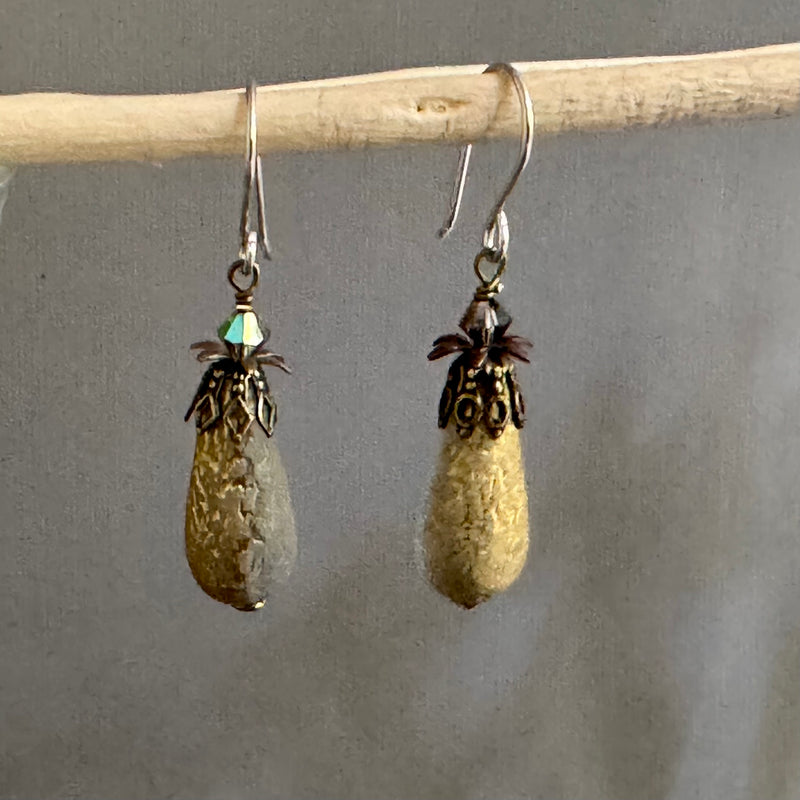 Czech Glass Gold Frosted Matte Dangle Drop Earrings in Sterling Silver