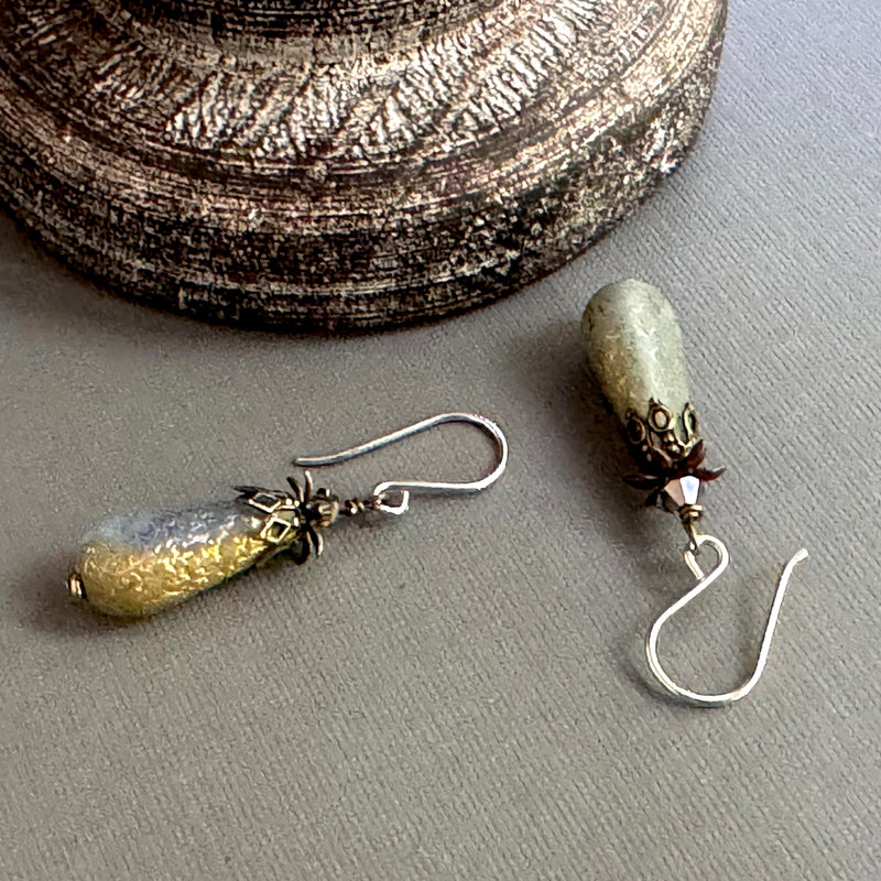 Czech Glass Gold Frosted Matte Dangle Drop Earrings in Sterling Silver