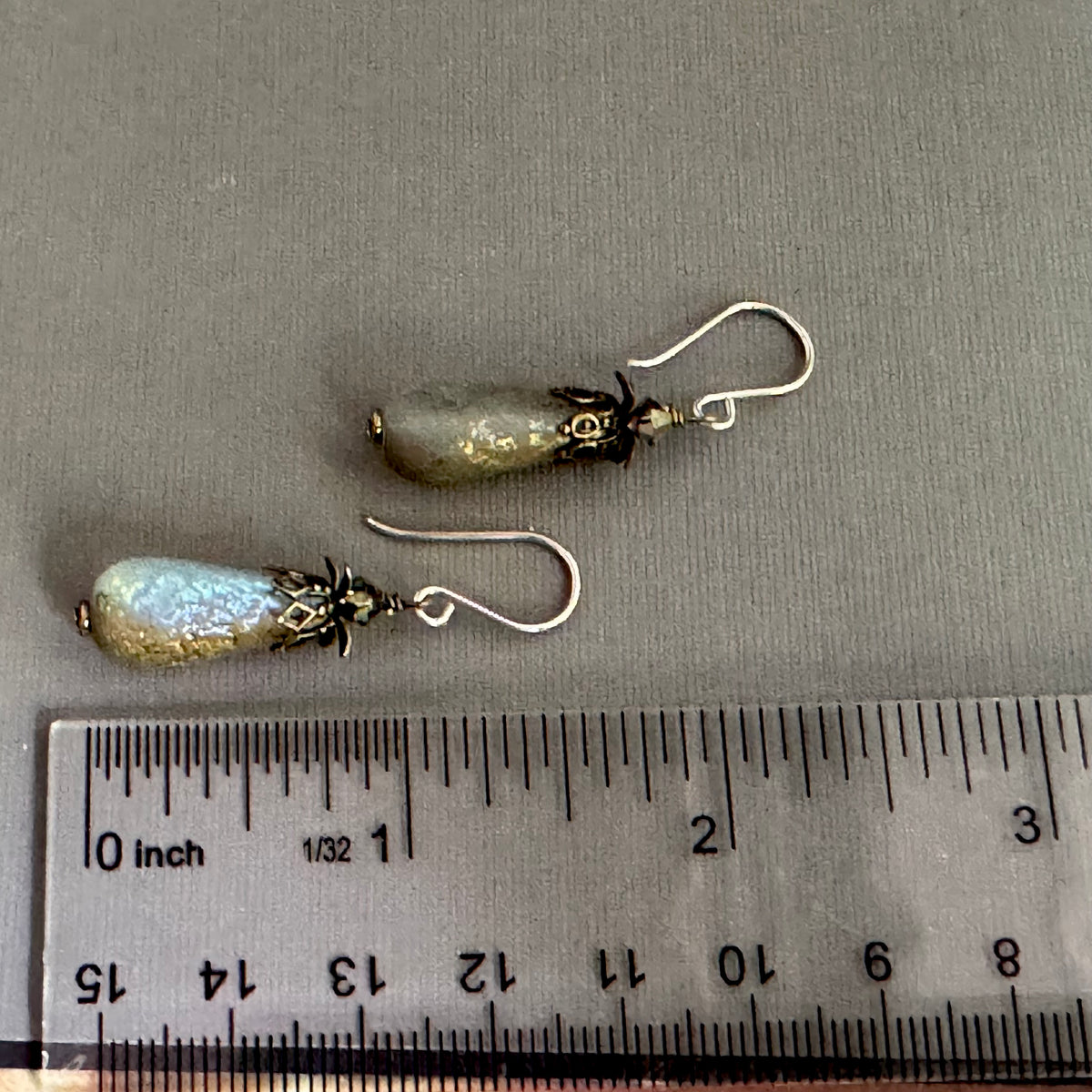 Czech Glass Gold Frosted Matte Dangle Drop Earrings in Sterling Silver